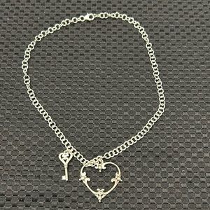 Silvertone Short Necklace With Heart and Key Pendants